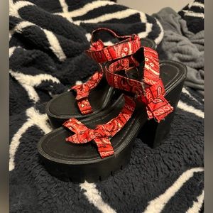 Platform bandana print strap heels